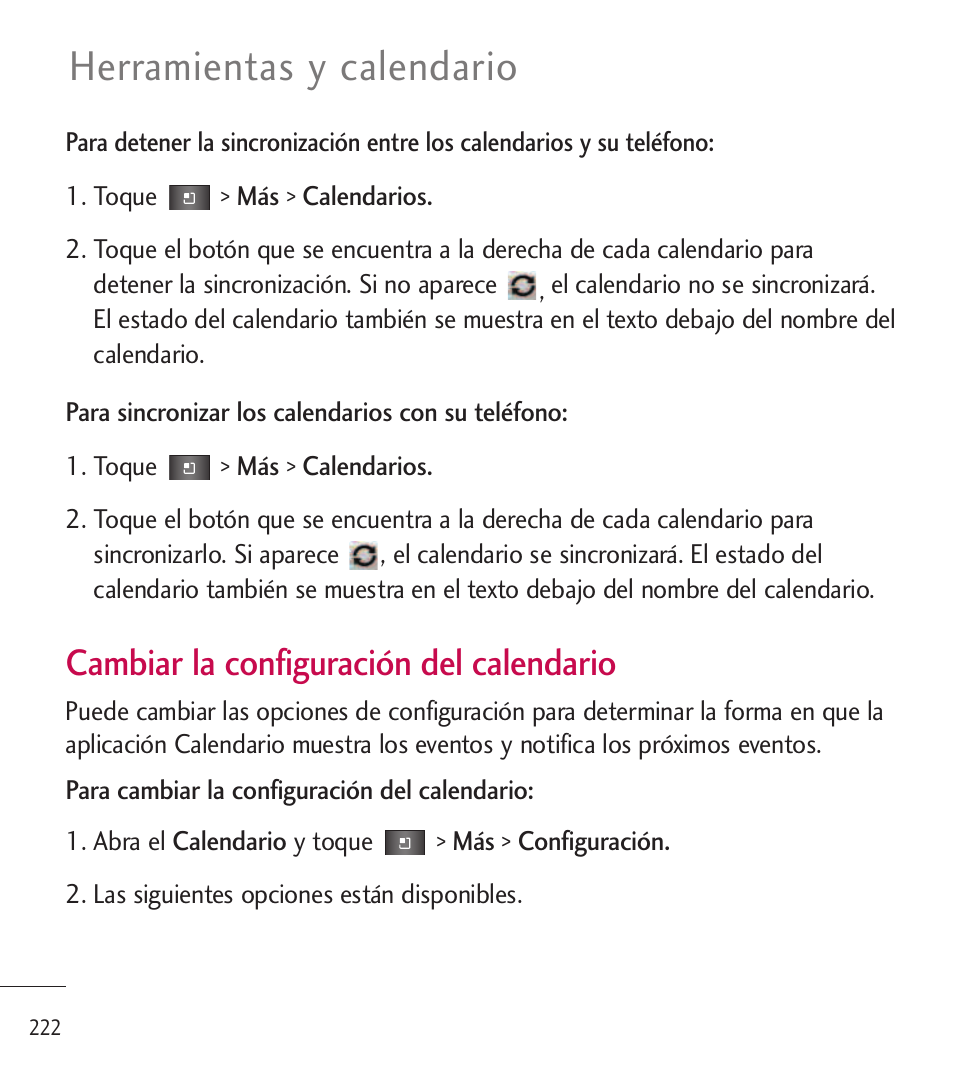 Herramientas y calendario, Cambiar la configuración del calendario | LG LGL85C User Manual | Page 461 / 490