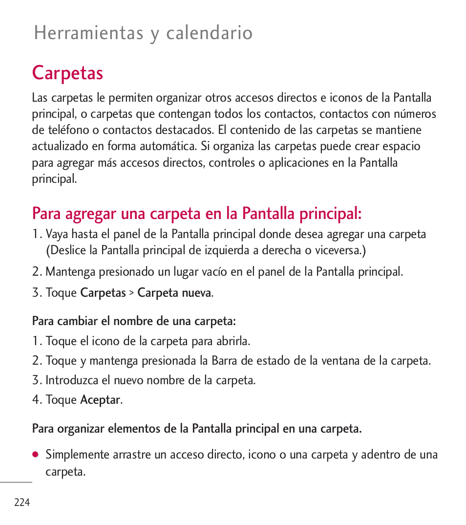 Carpetas, Herramientas y calendario, Para agregar una carpeta en la pantalla principal | LG LGL85C User Manual | Page 463 / 490