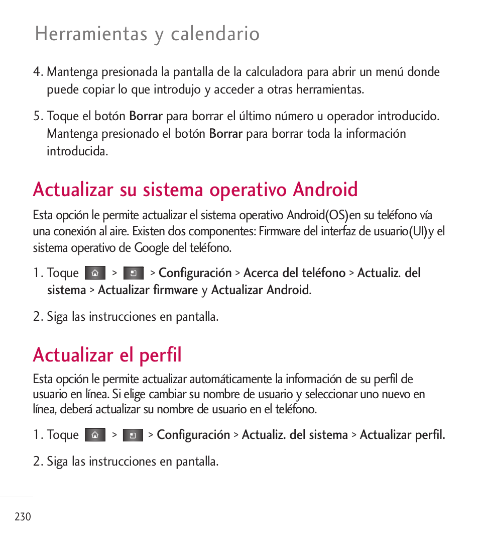 Actualizar su sistema operat, Actualizar el perfil, Actualizar su sistema operativo | Android, Actualizar su sistema operativo android, Herramientas y calendario | LG LGL85C User Manual | Page 469 / 490