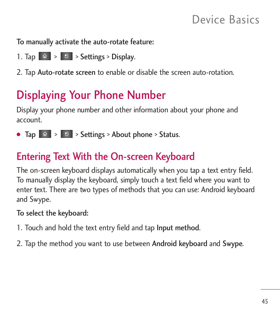 Displaying your phone number, Displaying your phone number 45, Device basics | Entering text with the on-screen keyboard | LG LGL85C User Manual | Page 47 / 490