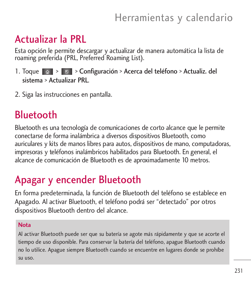 Actualizar la prl, Bluetooth, Apagar y encender bluetooth | Herramientas y calendario | LG LGL85C User Manual | Page 470 / 490