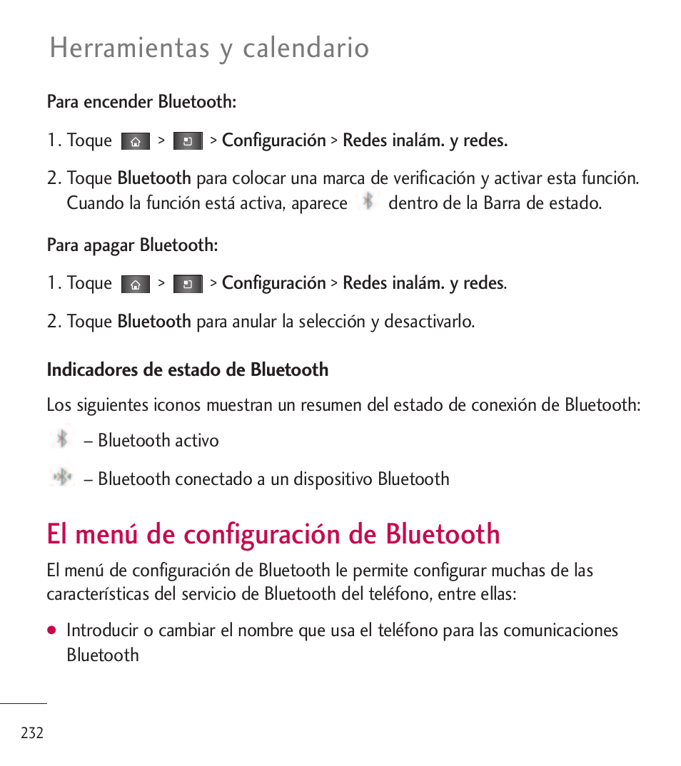 El menú de configuración de, Bluetooth, El menú de configuración de bluetooth | Herramientas y calendario | LG LGL85C User Manual | Page 471 / 490