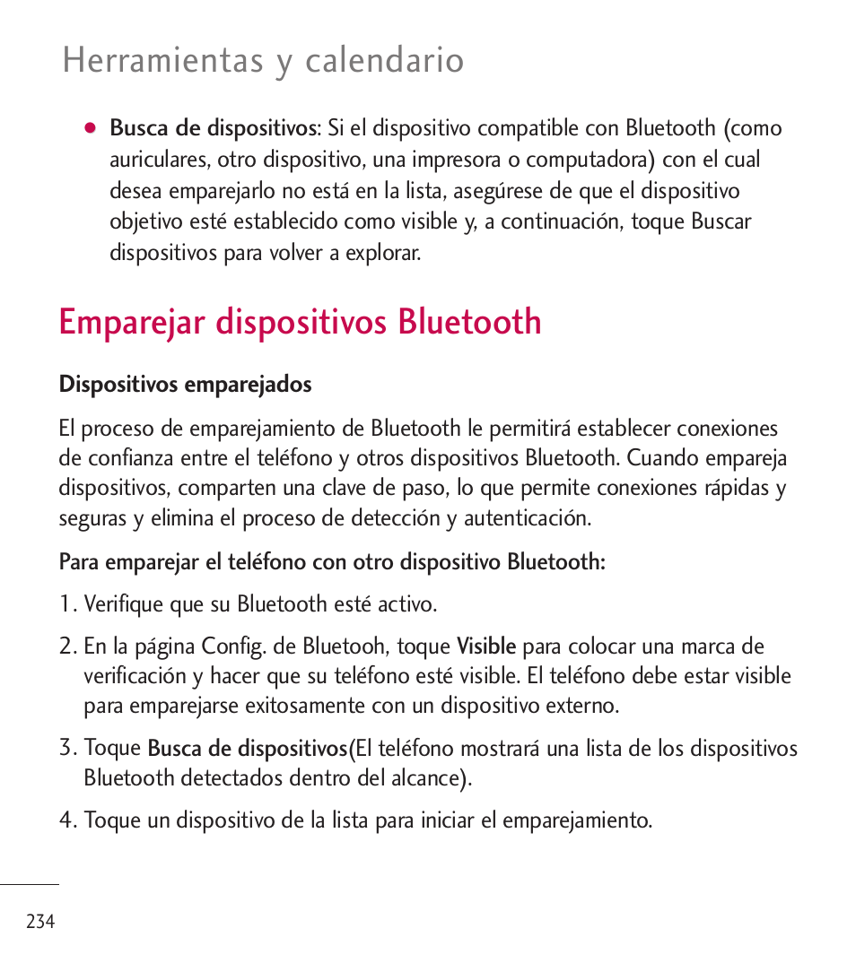 Emparejar dispositivos bluet, Emparejar dispositivos bluetooth 234, Emparejar dispositivos bluetooth | Herramientas y calendario | LG LGL85C User Manual | Page 473 / 490