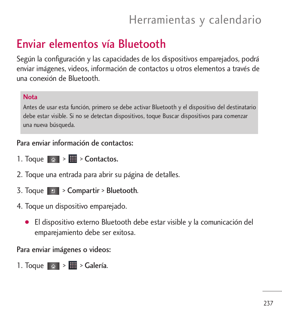 Enviar elementos vía bluetooth, Herramientas y calendario | LG LGL85C User Manual | Page 476 / 490