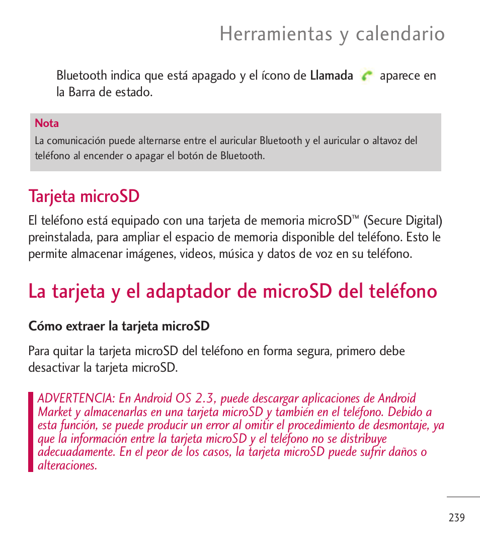 La tarjeta y el adaptador de, Microsd del teléfono, La tarjeta y el adaptador de microsd del teléfono | Herramientas y calendario, Tarjeta microsd | LG LGL85C User Manual | Page 478 / 490