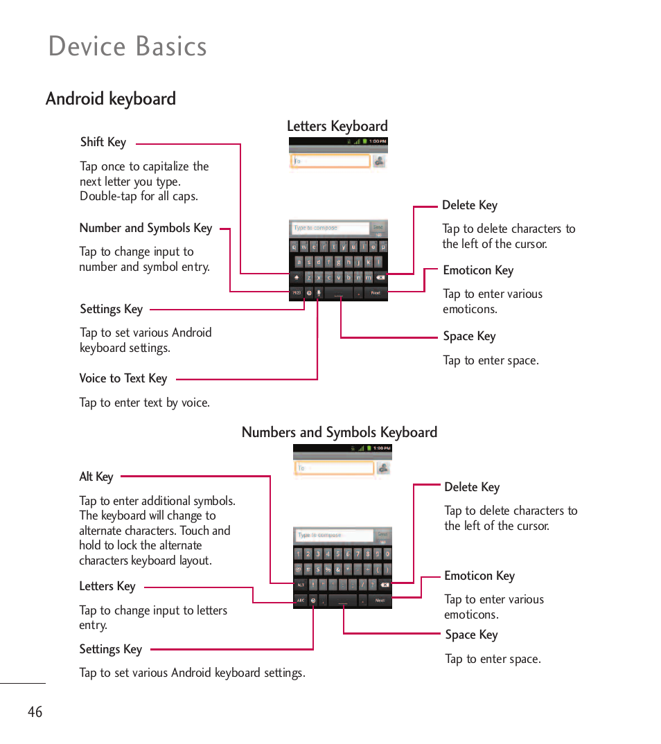 Device basics, Android keyboard | LG LGL85C User Manual | Page 48 / 490