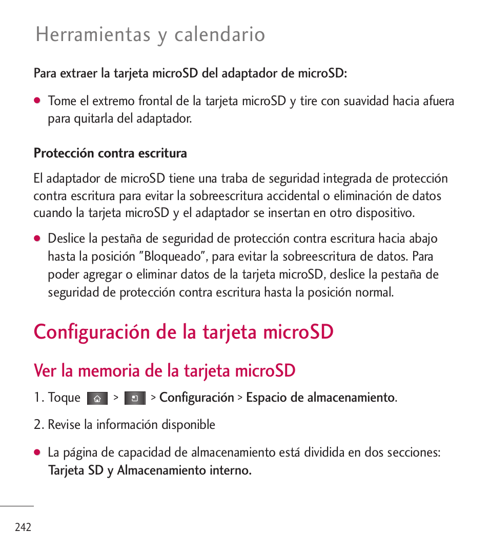 Configuración de la tarjeta, Microsd, Configuración de la tarjeta microsd | Herramientas y calendario | LG LGL85C User Manual | Page 481 / 490