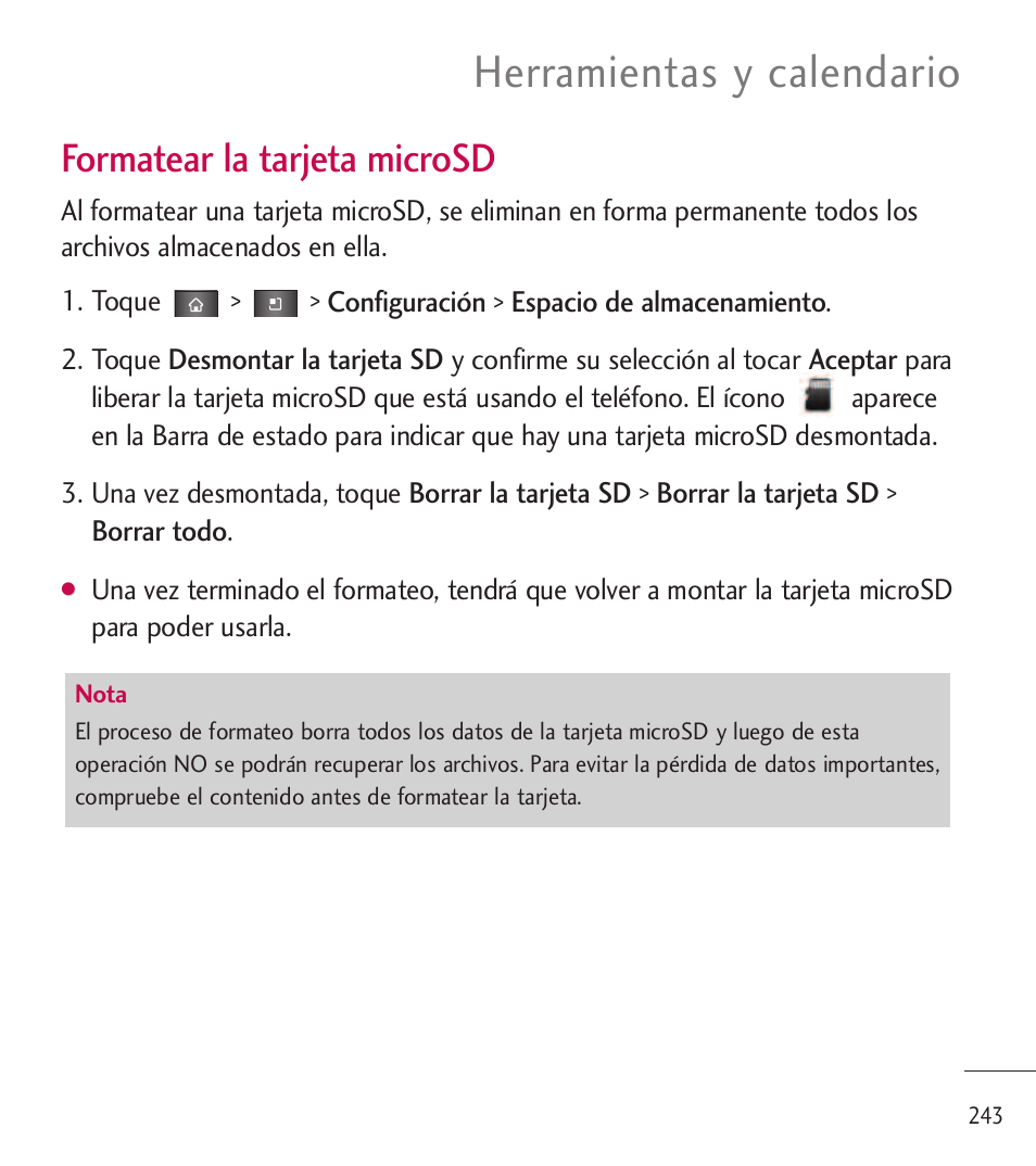 Herramientas y calendario, Formatear la tarjeta microsd | LG LGL85C User Manual | Page 482 / 490