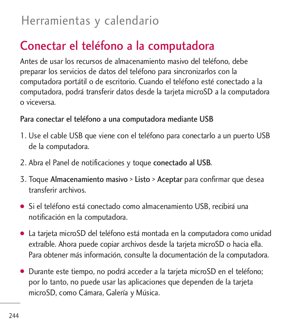 Conectar el teléfono a la c, Conectar el teléfono a la, Computadora | Conectar el teléfono a la computadora, Herramientas y calendario | LG LGL85C User Manual | Page 483 / 490