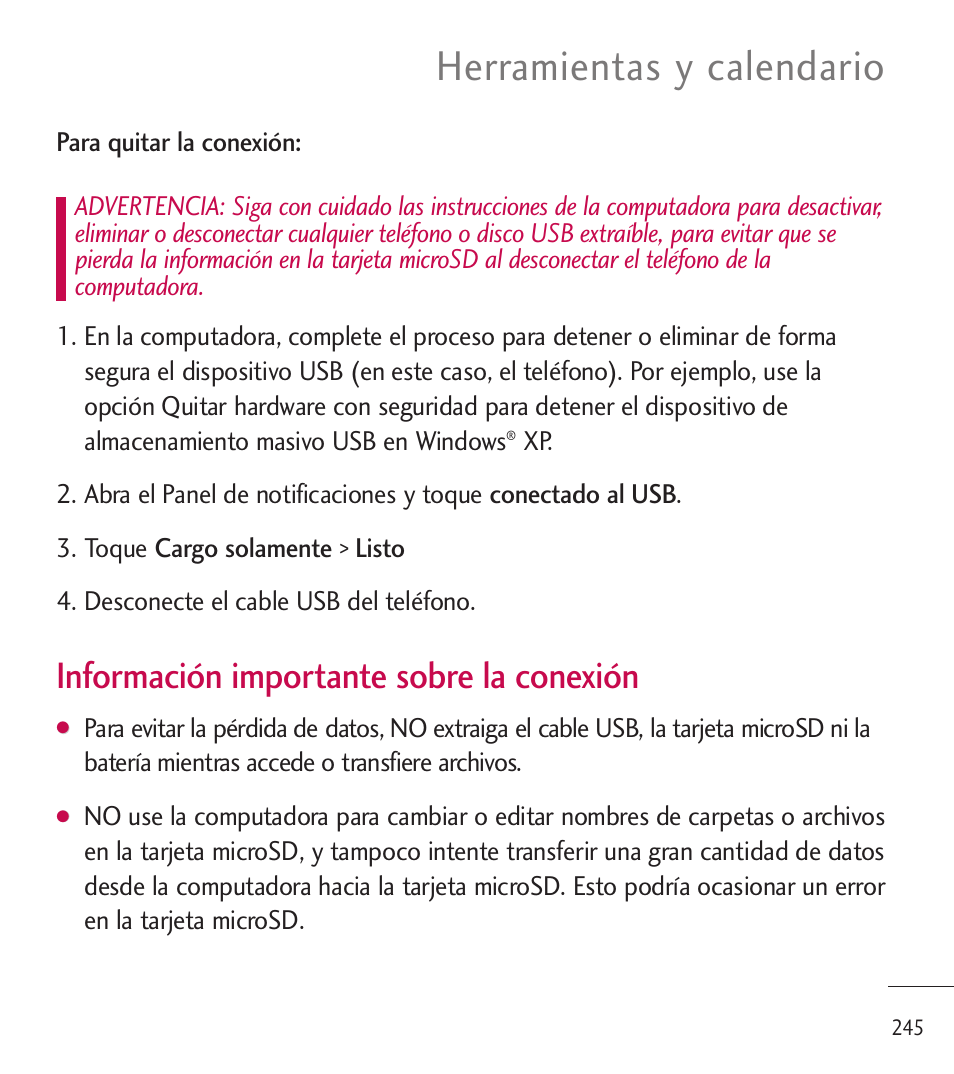 Herramientas y calendario, Información importante sobre la conexión | LG LGL85C User Manual | Page 484 / 490