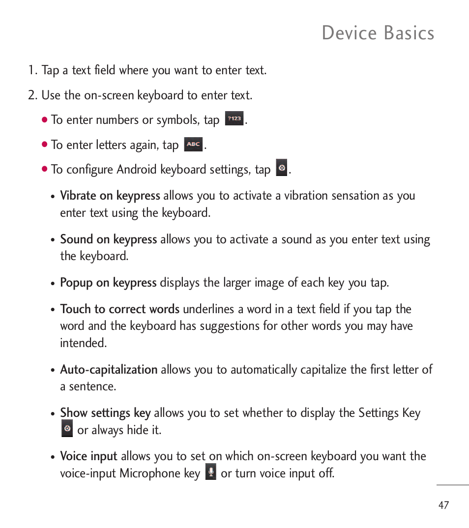 Device basics | LG LGL85C User Manual | Page 49 / 490