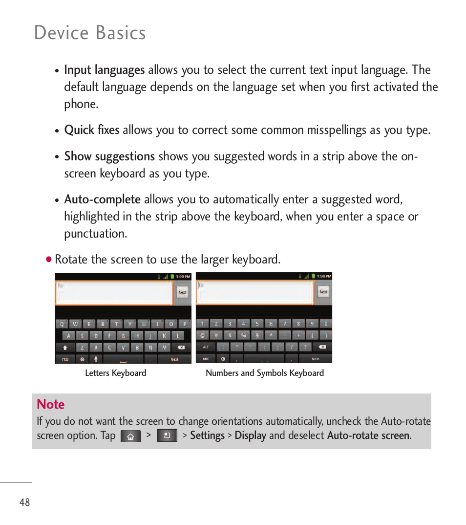 Device basics, Rotate the screen to use the larger keyboard | LG LGL85C User Manual | Page 50 / 490