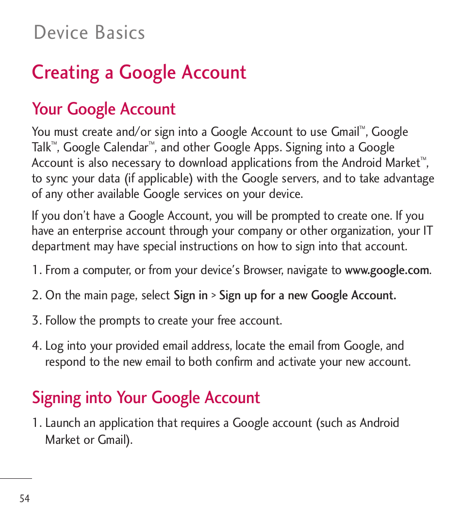 Creating a google account, Device basics, Your google account | Signing into your google account | LG LGL85C User Manual | Page 56 / 490