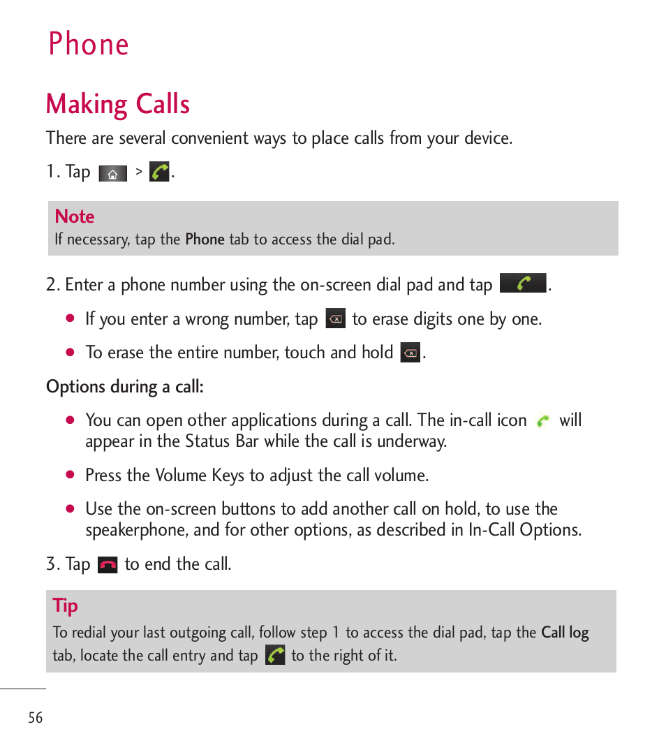 Phone, Making calls | LG LGL85C User Manual | Page 58 / 490