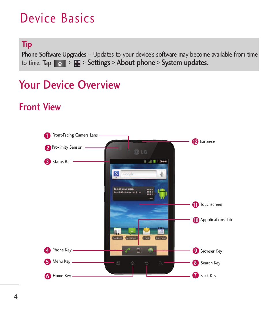 Device basics, Your device overview, Front view | Settings > about phone > system updates | LG LGL85C User Manual | Page 6 / 490