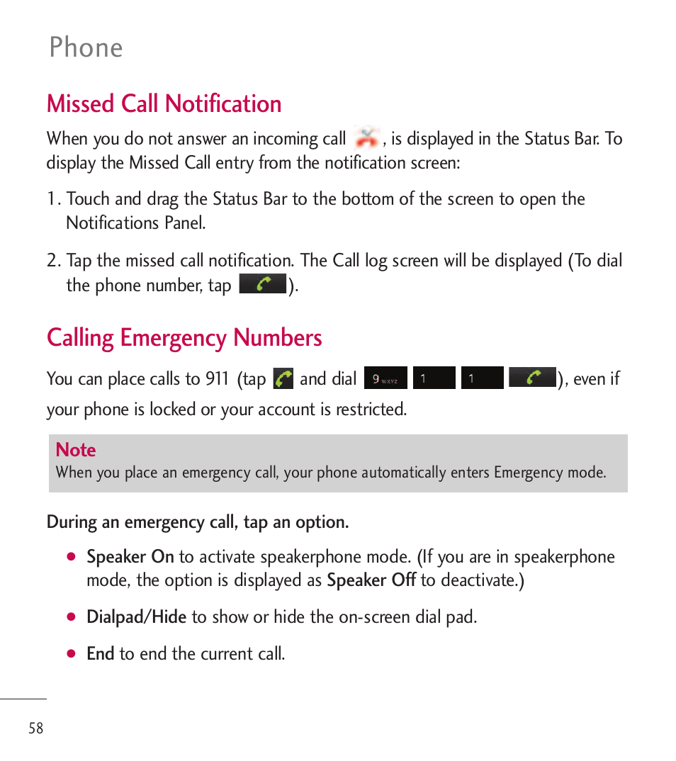 Phone, Missed call notification, Calling emergency numbers | LG LGL85C User Manual | Page 60 / 490