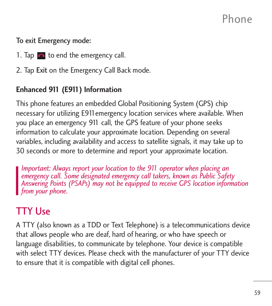 Phone, Tty use | LG LGL85C User Manual | Page 61 / 490