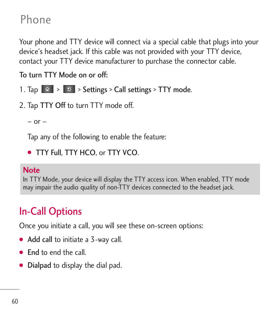 Phone, In-call options | LG LGL85C User Manual | Page 62 / 490