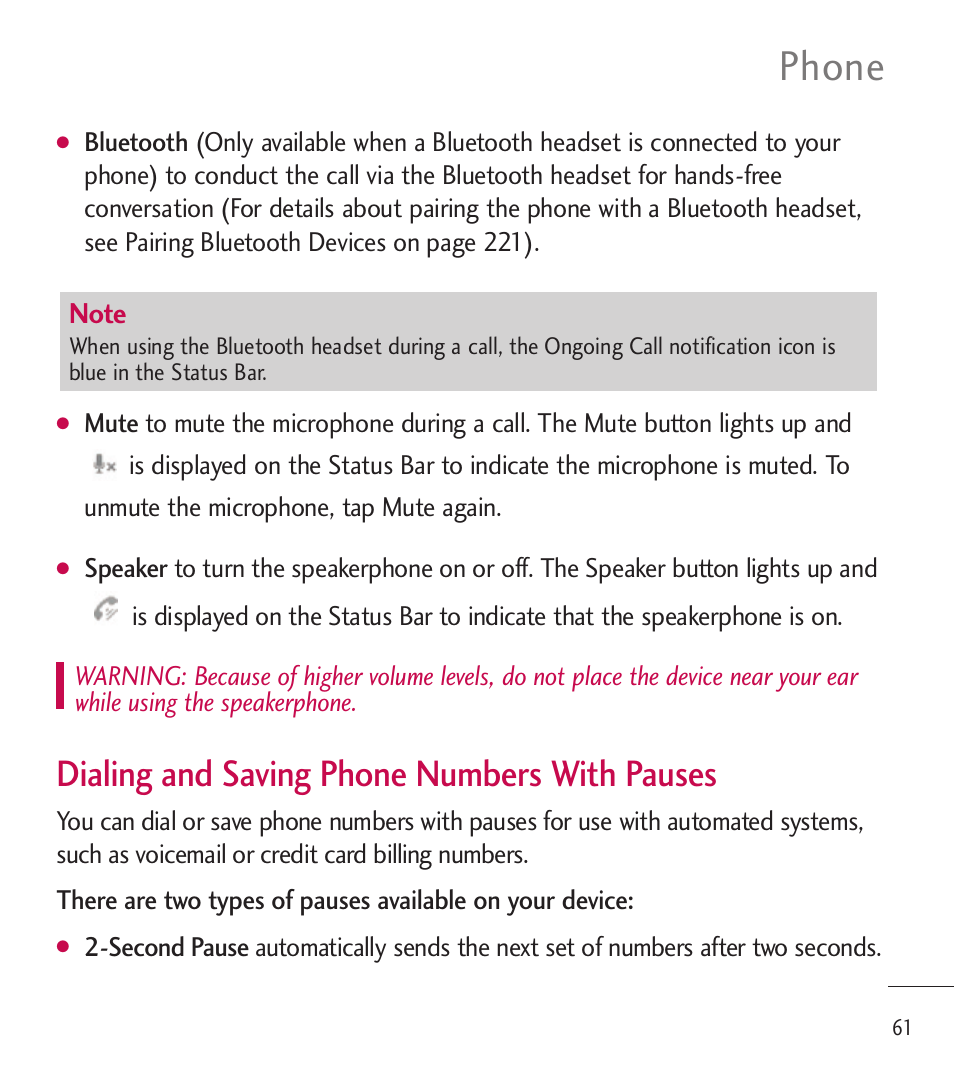 Phone, Dialing and saving phone numbers with pauses | LG LGL85C User Manual | Page 63 / 490