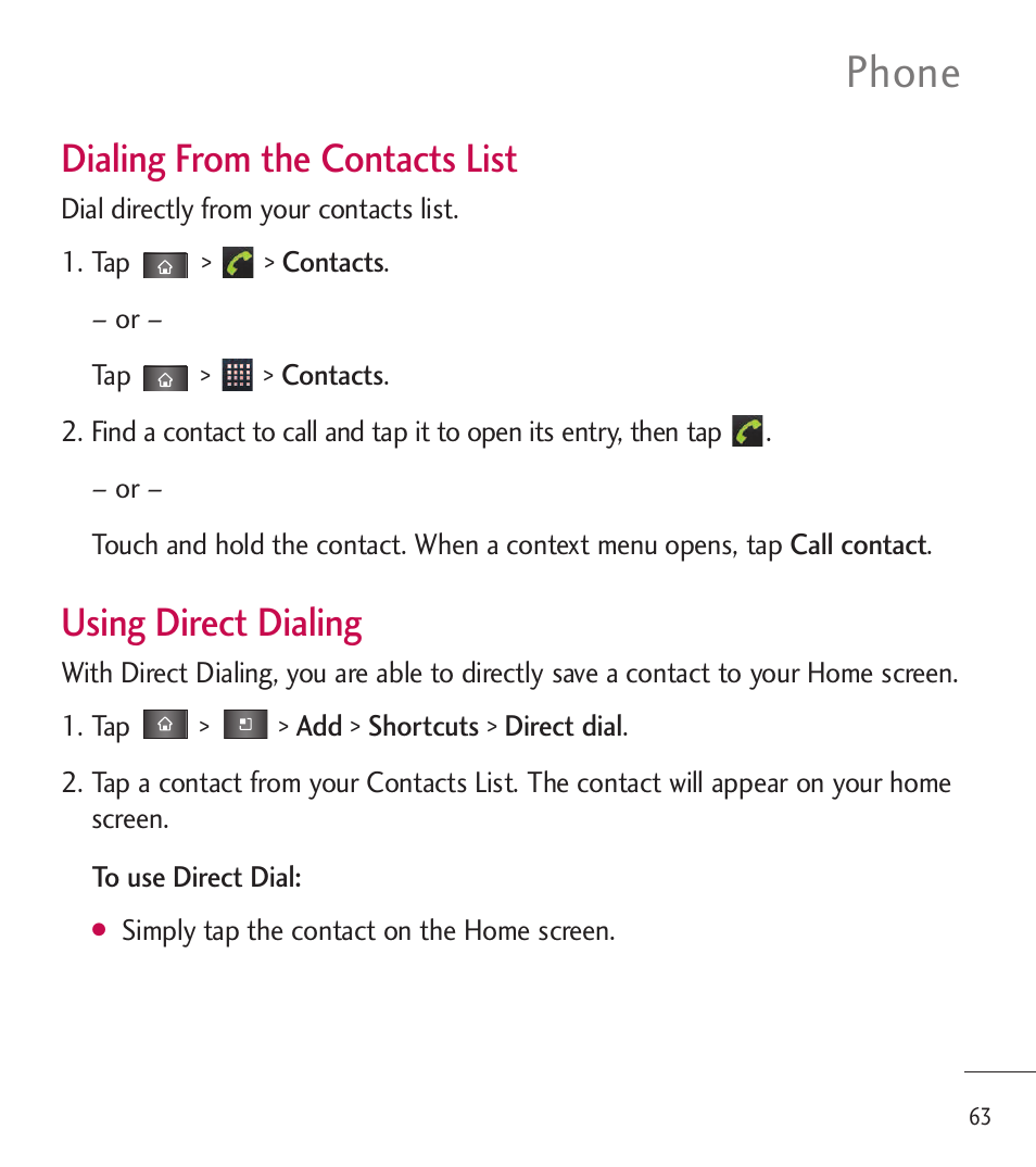 Phone, Dialing from the contacts list, Using direct dialing | LG LGL85C User Manual | Page 65 / 490