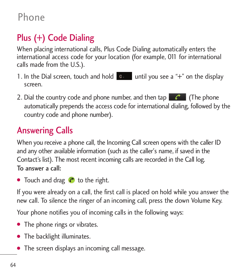 Phone, Plus (+) code dialing, Answering calls | LG LGL85C User Manual | Page 66 / 490