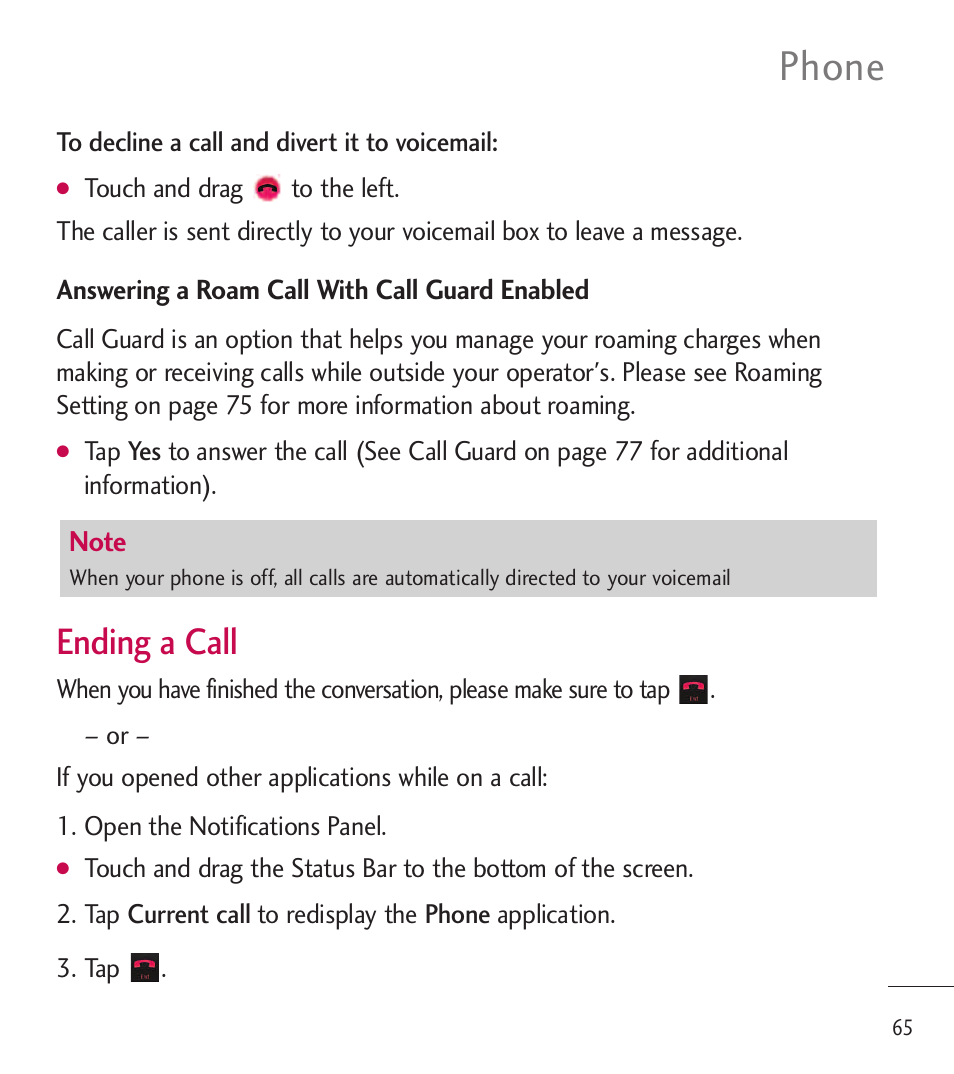 Phone, Ending a call | LG LGL85C User Manual | Page 67 / 490