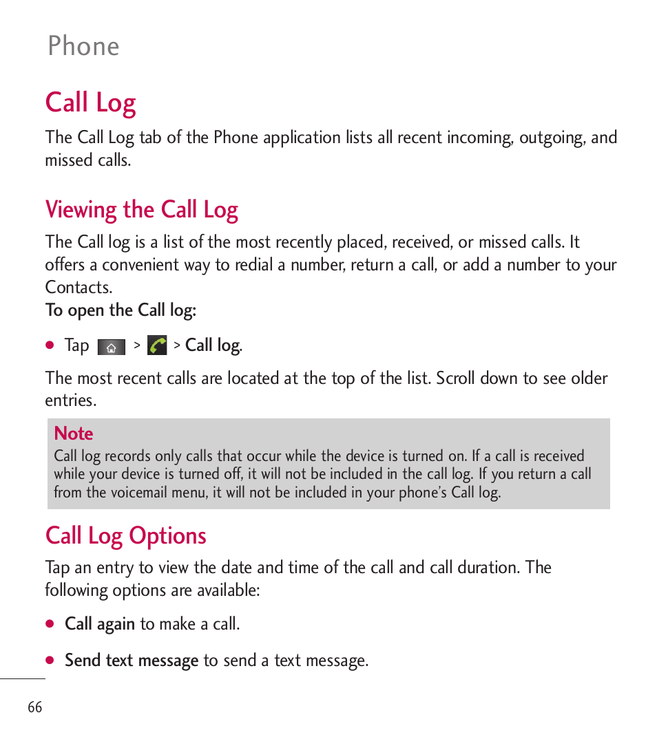 Call log, Phone, Viewing the call log | Call log options | LG LGL85C User Manual | Page 68 / 490