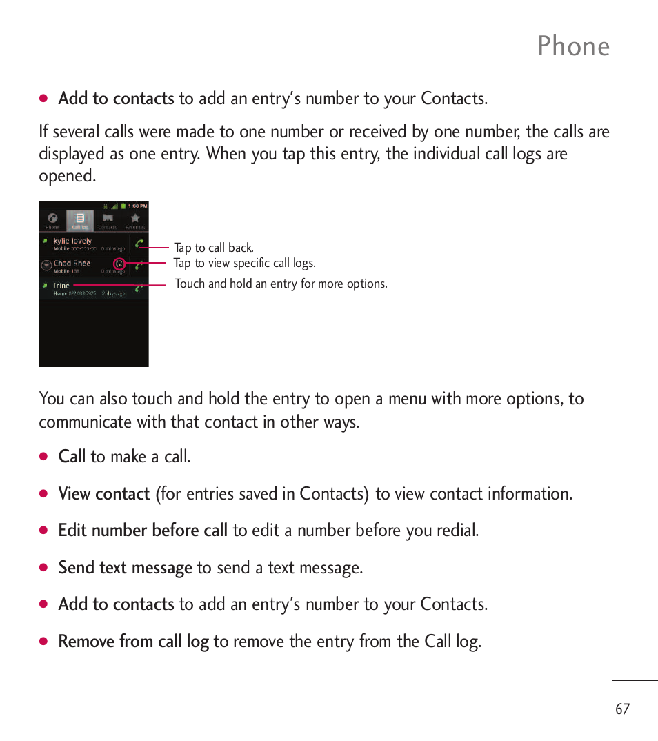 Phone, Call to make a call, Send text message to send a text message | LG LGL85C User Manual | Page 69 / 490