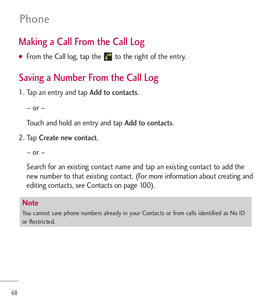 Phone, Making a call from the call log, Saving a number from the call log | LG LGL85C User Manual | Page 70 / 490