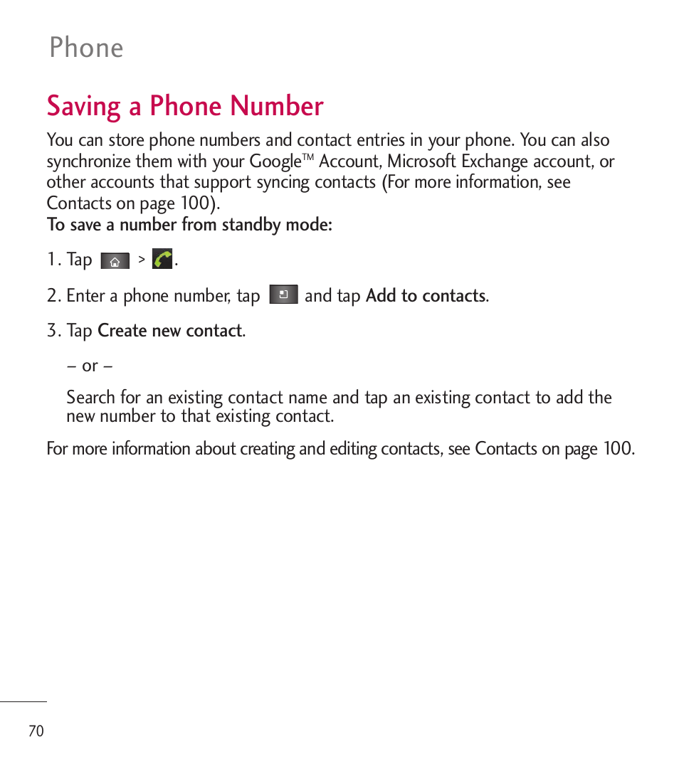 Saving a phone number, Phone | LG LGL85C User Manual | Page 72 / 490