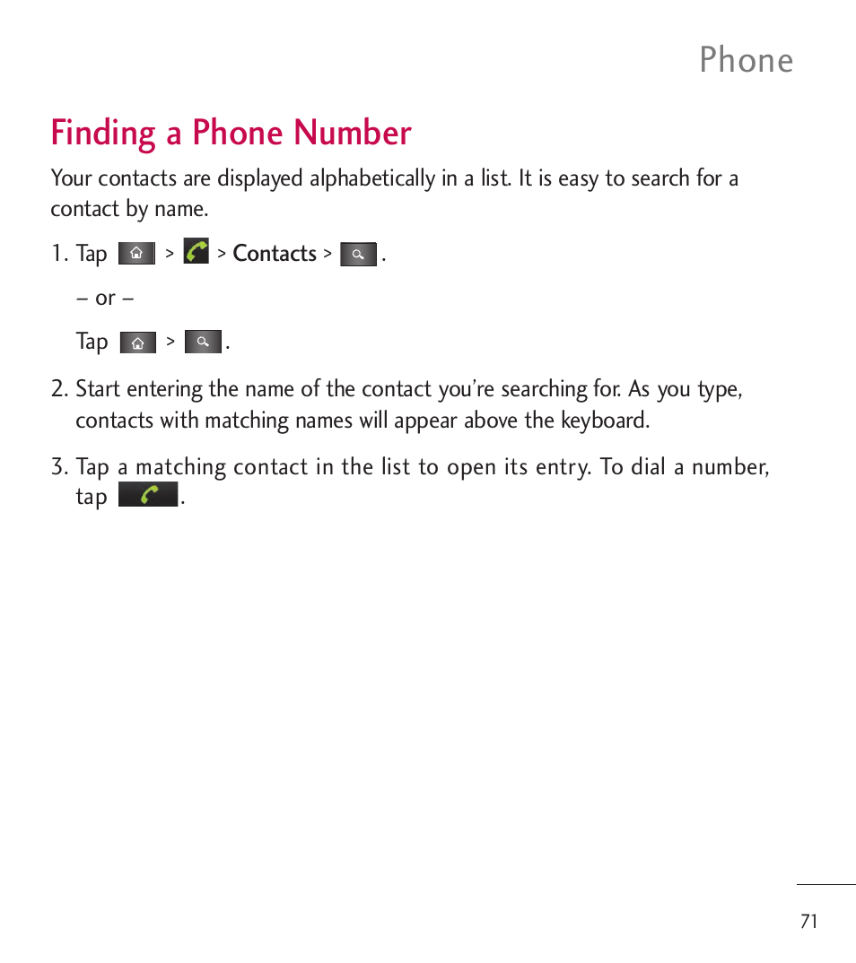 Finding a phone number, Phone | LG LGL85C User Manual | Page 73 / 490