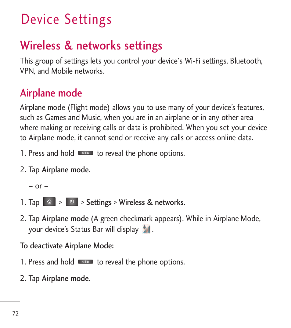 Device settings, Wireless & networks settings, Airplane mode | LG LGL85C User Manual | Page 74 / 490