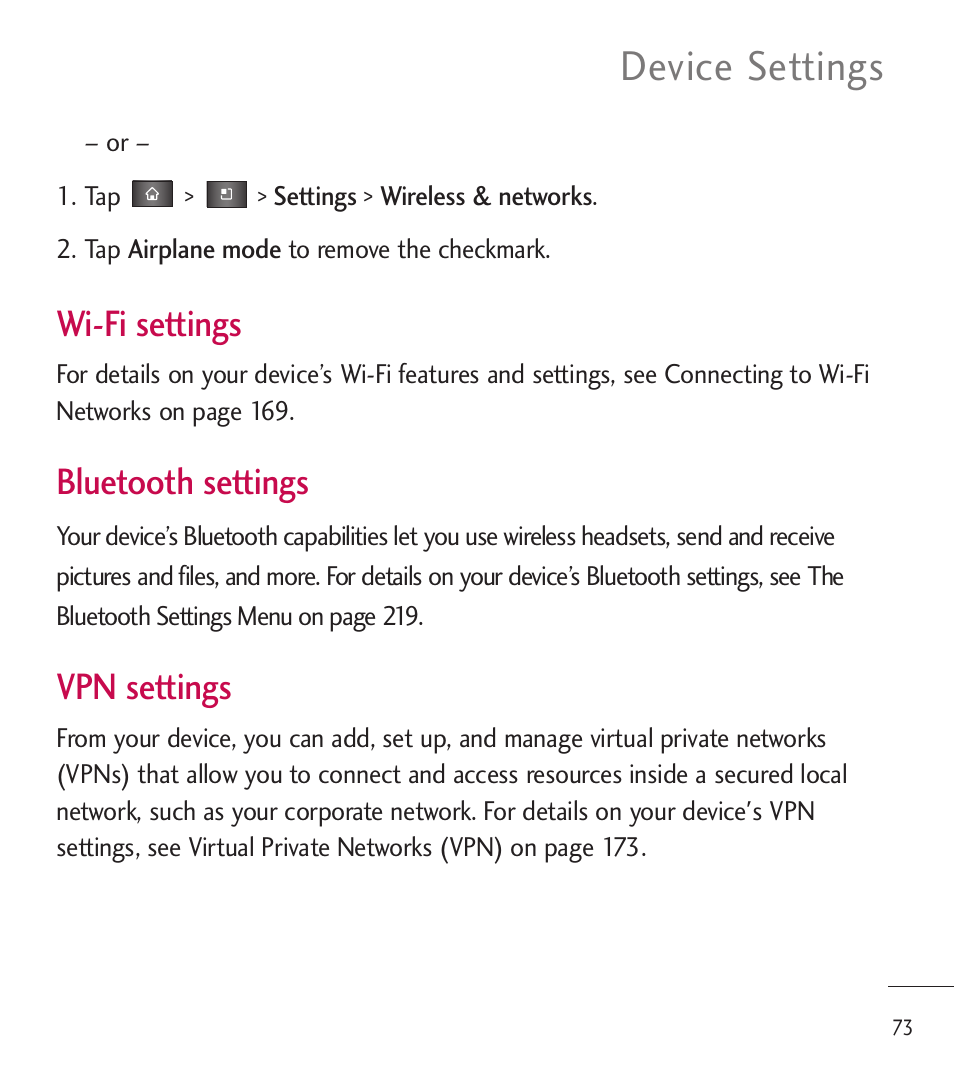 Device settings, Wi-fi settings, Bluetooth settings | Vpn settings | LG LGL85C User Manual | Page 75 / 490