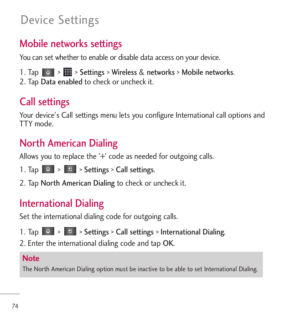 Device settings, Mobile networks settings, Call settings | North american dialing, International dialing | LG LGL85C User Manual | Page 76 / 490