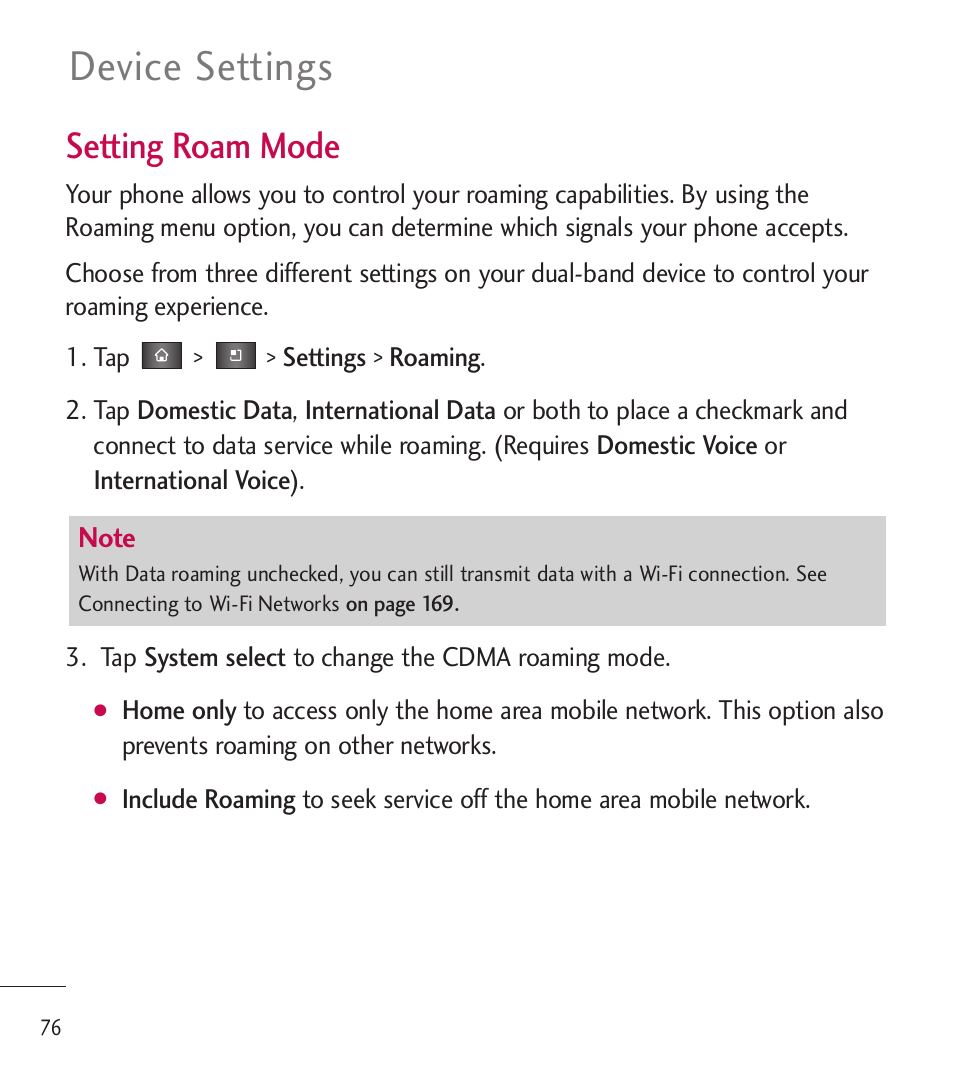 Device settings, Setting roam mode | LG LGL85C User Manual | Page 78 / 490