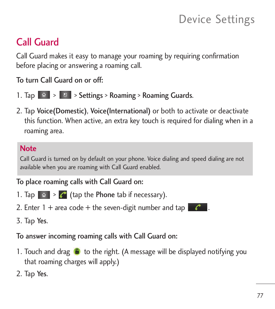 Device settings, Call guard | LG LGL85C User Manual | Page 79 / 490