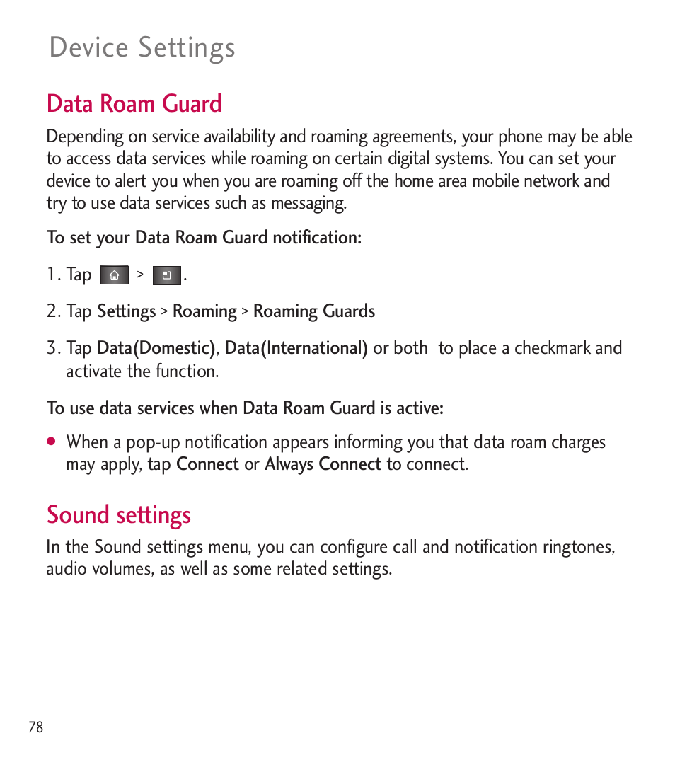 Device settings, Data roam guard, Sound settings | LG LGL85C User Manual | Page 80 / 490