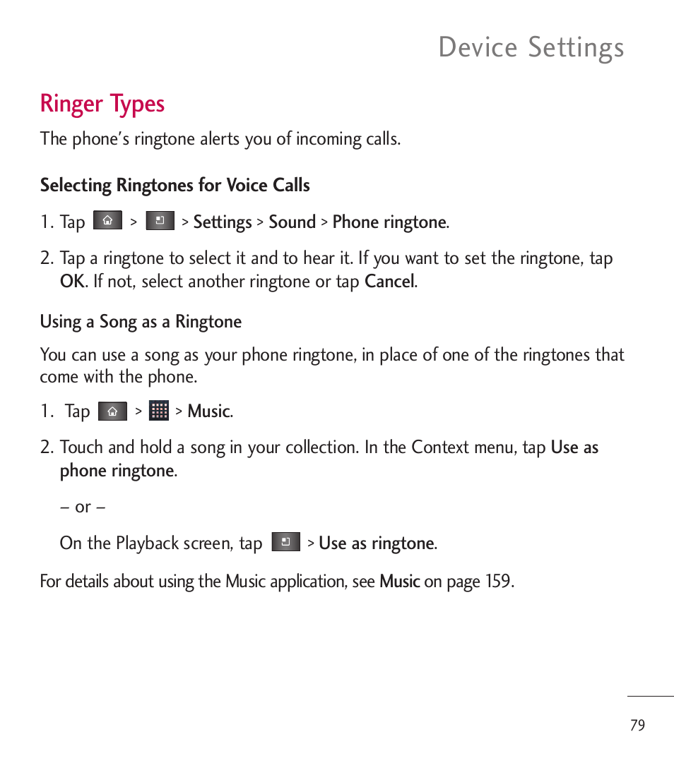 Device settings, Ringer types | LG LGL85C User Manual | Page 81 / 490