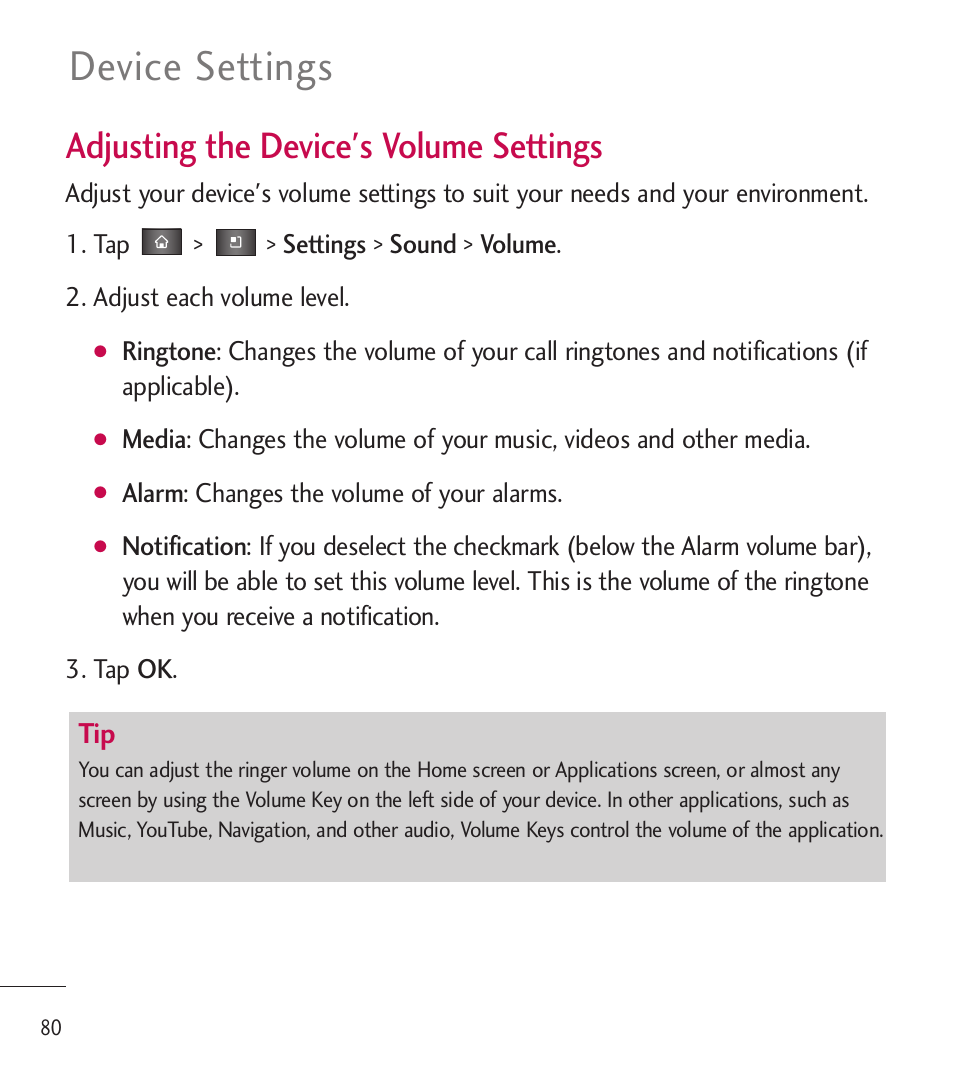 Device settings, Adjusting the device's volume settings | LG LGL85C User Manual | Page 82 / 490