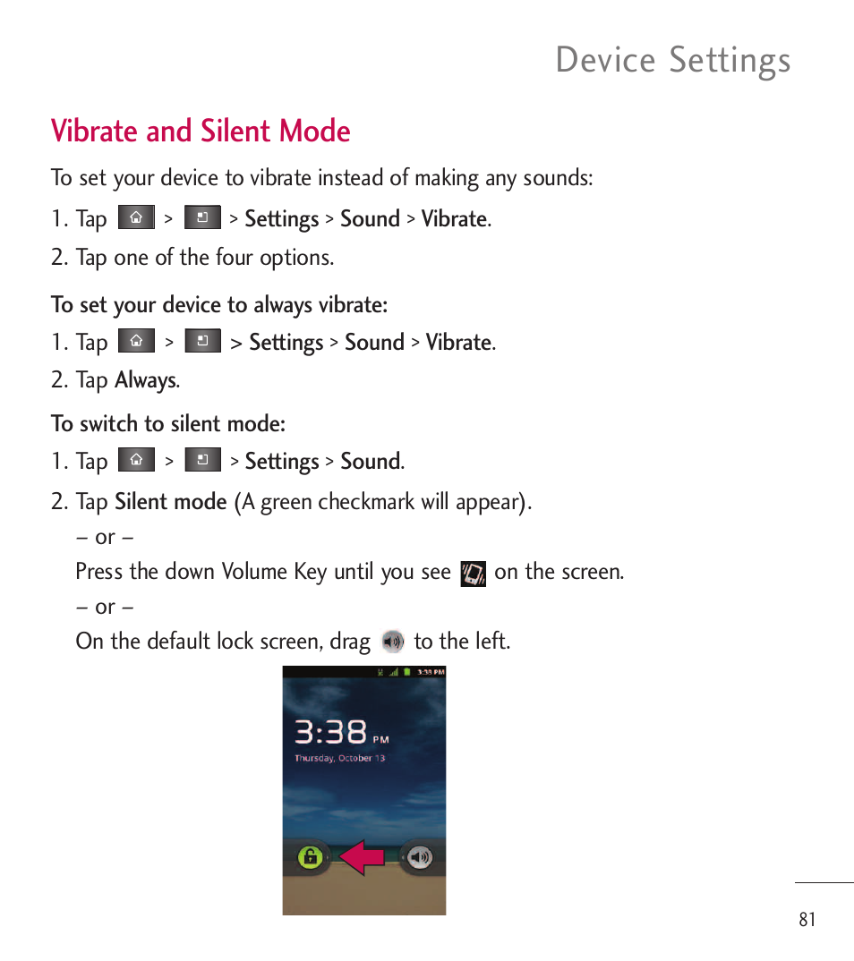 Device settings, Vibrate and silent mode | LG LGL85C User Manual | Page 83 / 490