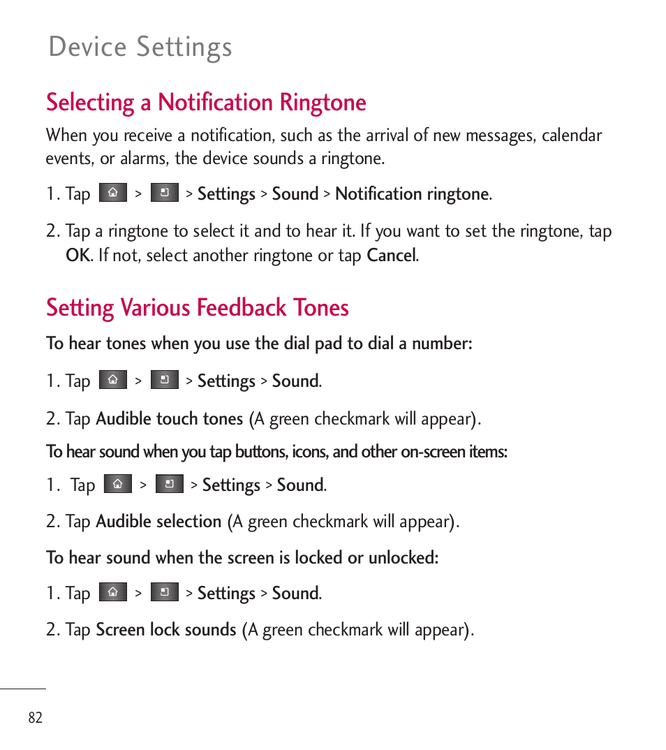 Device settings, Selecting a notification ringtone, Setting various feedback tones | LG LGL85C User Manual | Page 84 / 490