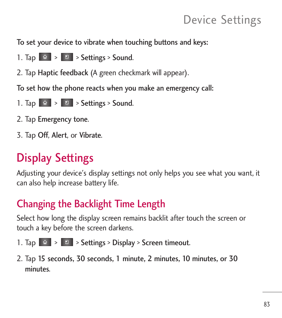 Display settings, Device settings, Changing the backlight time length | LG LGL85C User Manual | Page 85 / 490