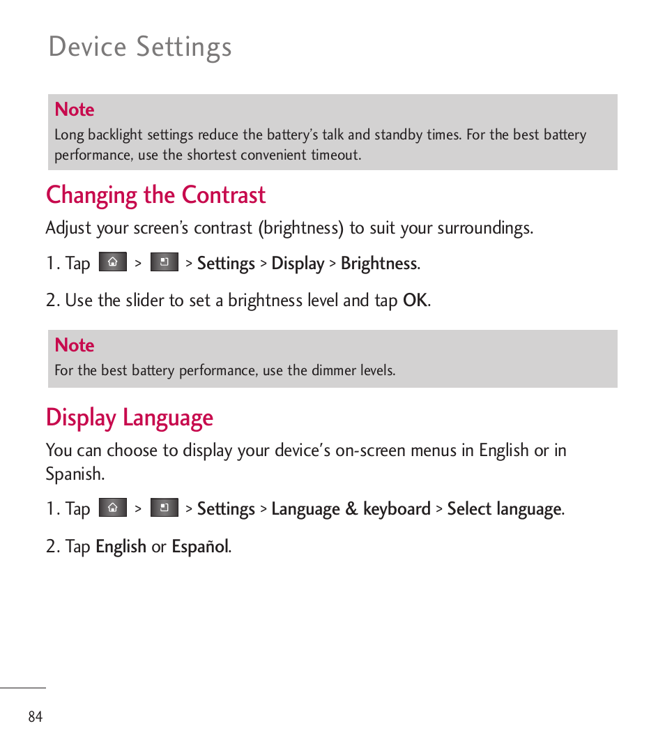 Device settings, Changing the contrast, Display language | LG LGL85C User Manual | Page 86 / 490