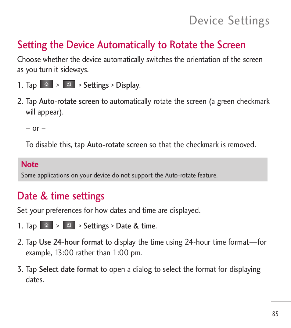Device settings, Date & time settings | LG LGL85C User Manual | Page 87 / 490