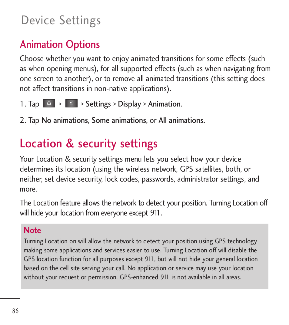 Location & security settings, Device settings, Animation options | LG LGL85C User Manual | Page 88 / 490