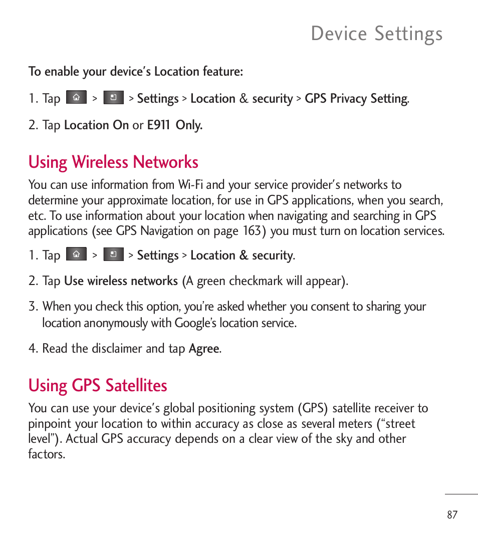 Device settings, Using wireless networks, Using gps satellites | LG LGL85C User Manual | Page 89 / 490