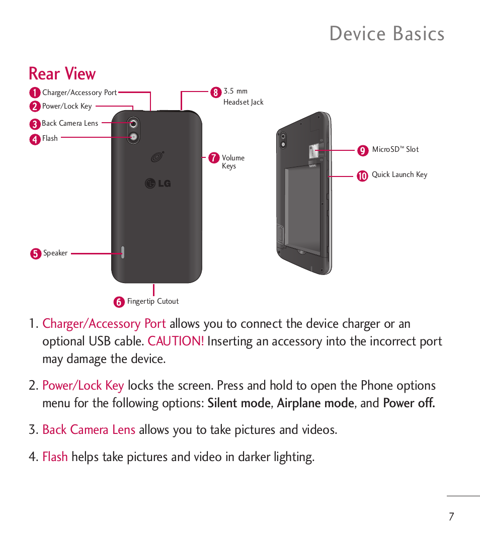 Device basics, Rear view | LG LGL85C User Manual | Page 9 / 490