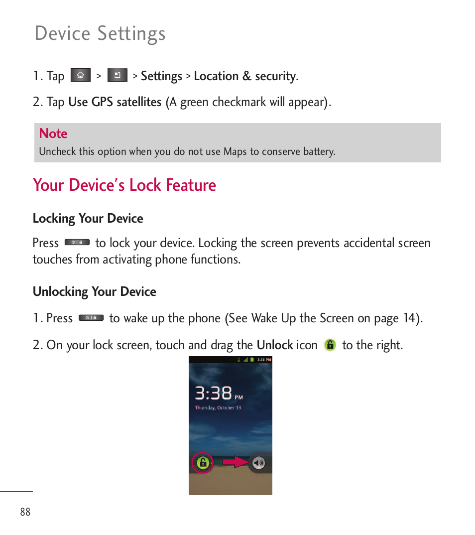 Device settings, Your device's lock feature | LG LGL85C User Manual | Page 90 / 490