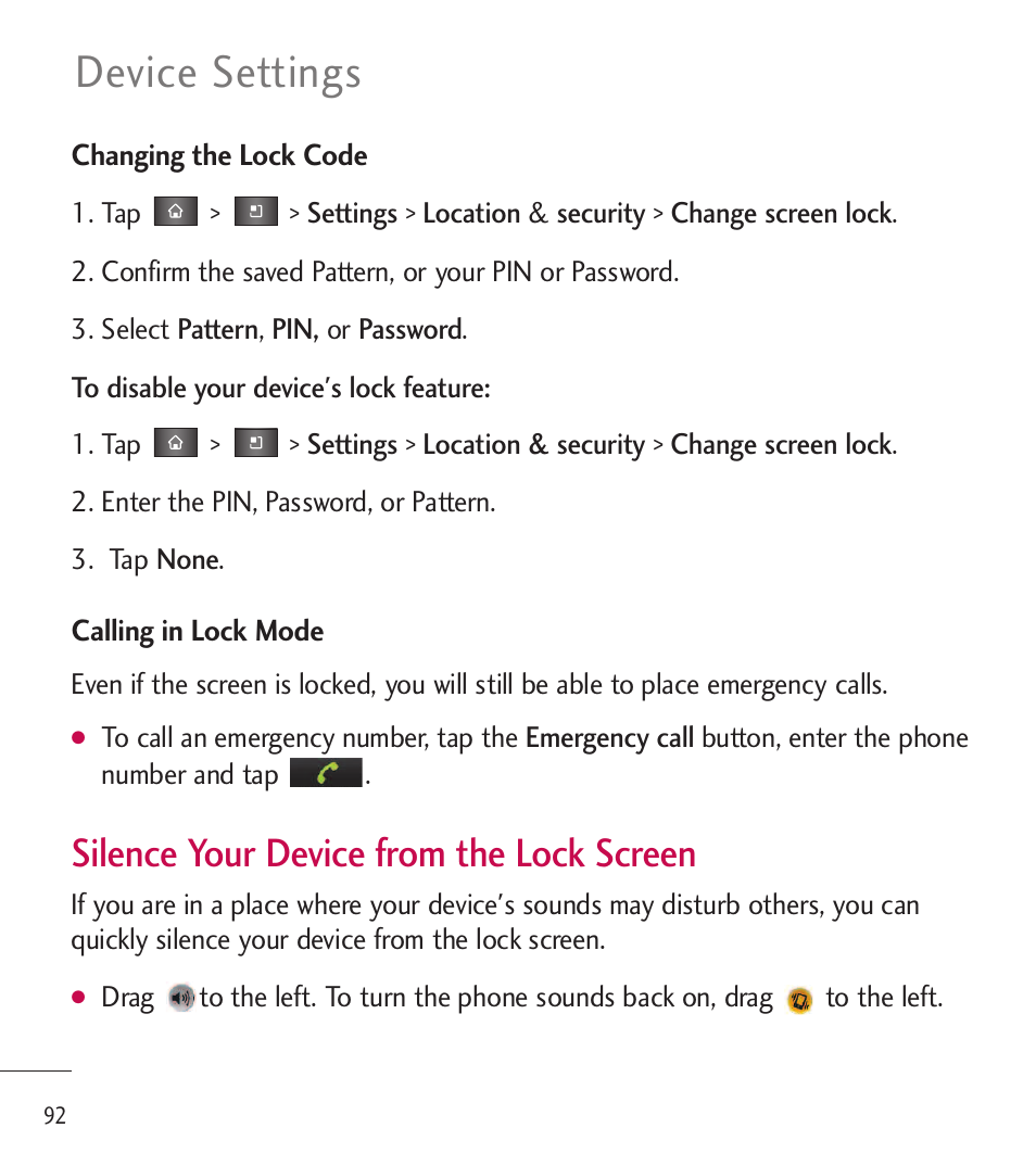 Device settings, Silence your device from the lock screen | LG LGL85C User Manual | Page 94 / 490