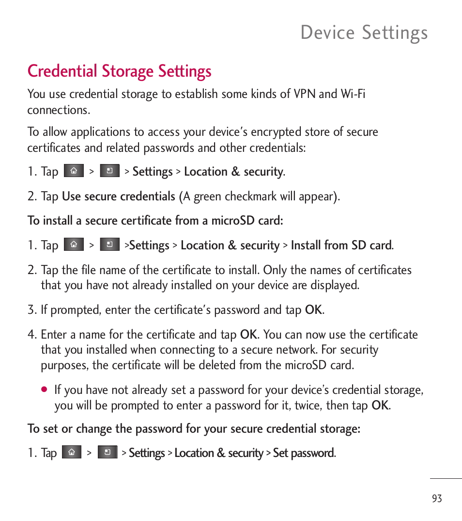 Device settings, Credential storage settings | LG LGL85C User Manual | Page 95 / 490